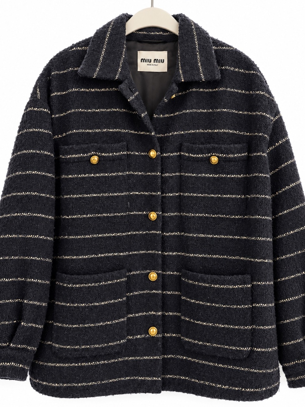 Miu Miu Black Striped Bouclé Jacket with Gold-Tone Buttons